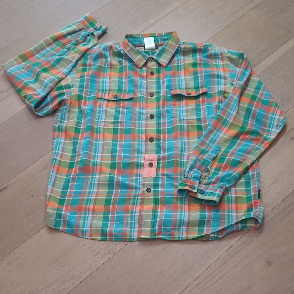 Patagonia Buckshot Shirt Men's sz L Green/Orange Plaid Flannel Long Sleeve